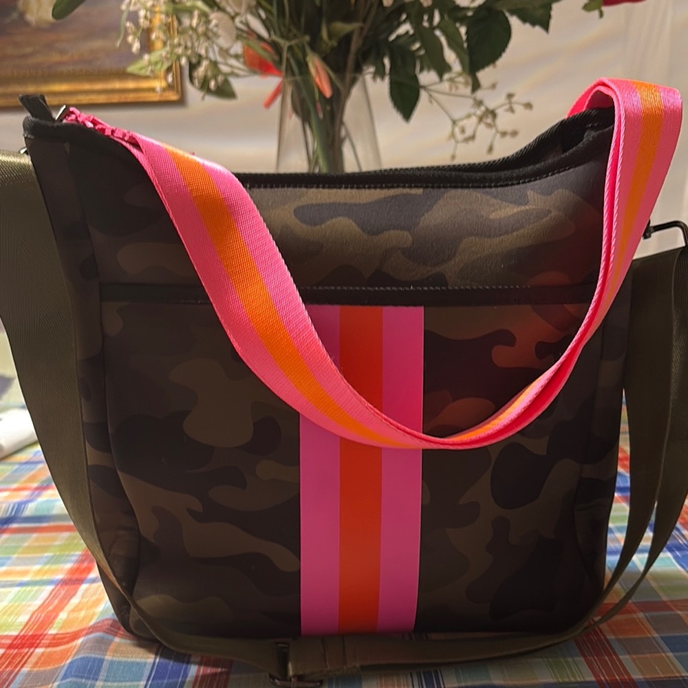 HAUTE SHORE Camo Crossbody with Pink & Orange Stripe